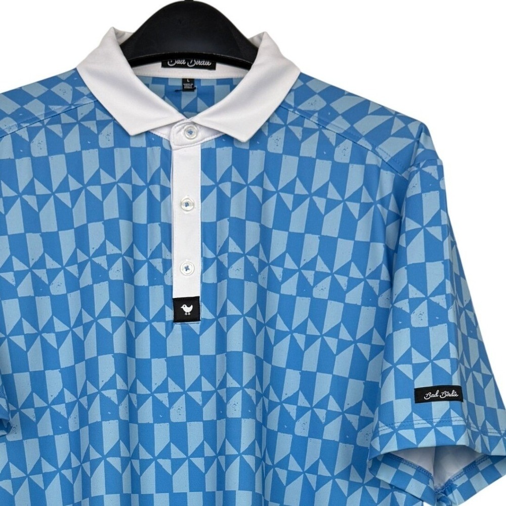 Bad Birdie Golf Polo Shirt Mens Large Performance Stretch Blue Geometric AOP